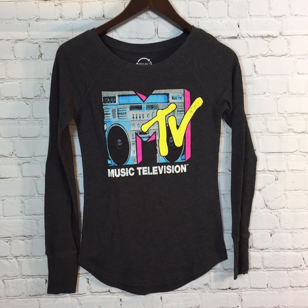 M TV Music Television Thermal Long Sleeve Top Shirt Black Medium